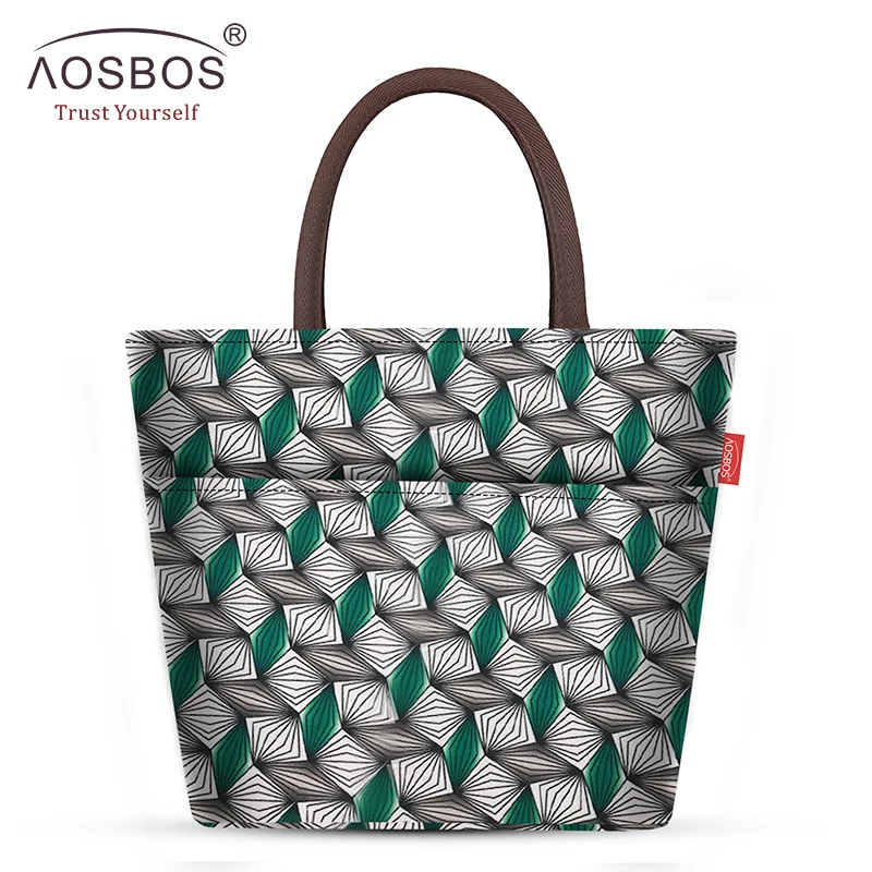 Green geometry Aosbos, термосумки-тоут, сумки для обеда для женщин, детей, девочек, изолированные, большая емкость, сумка для еды, портативный кулер для пикника, Ланч-бокс - Цвет: Green geometry