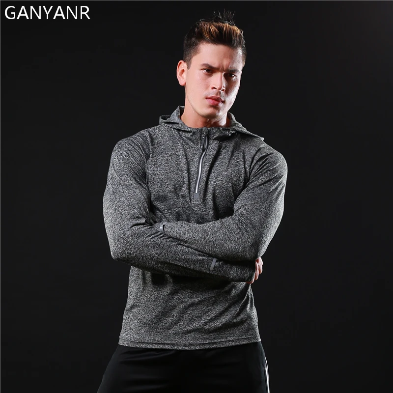 Ganyanr бренд Бег футболка Для мужчин спортивная Фитнес бег футболки Slim Fit Quick Dry Fit с длинным рукавом спортивная толстовка с капюшоном спортивный