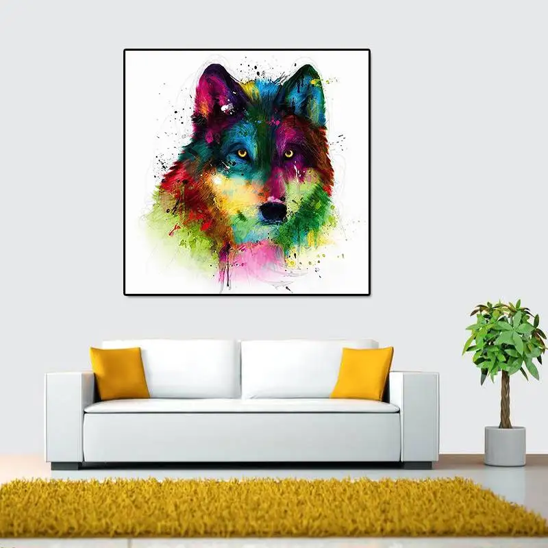 Unframed Modern Abstract Oil Painting Colorful Wolf Head Huge Wall Decor Art On Canvas | Дом и сад