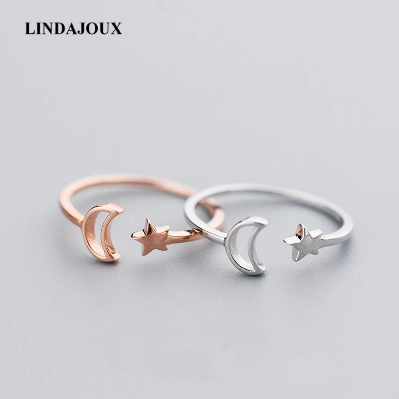 LINDAJOUX 925 пробы серебро сладкой розы золотистого цвета луна звезды Открытое кольцо