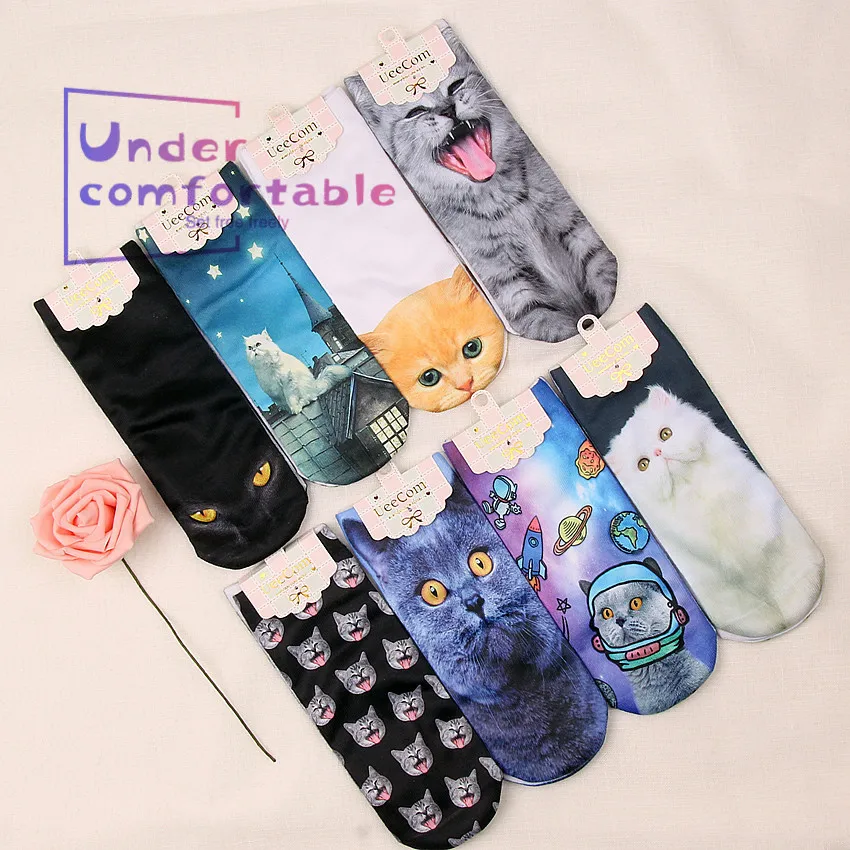 Летние модные женские короткие носки Kawaii с объемным принтом кота и киски; очаровательное индивидуальное нижнее белье для девочек