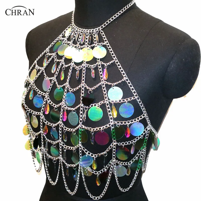 

Chran Acrylic Beaded Seascale Sequins Crop Top Belly Waist Belt Chain Necklace Rave Bra Bralete Festival Wear Jewelry CRS414