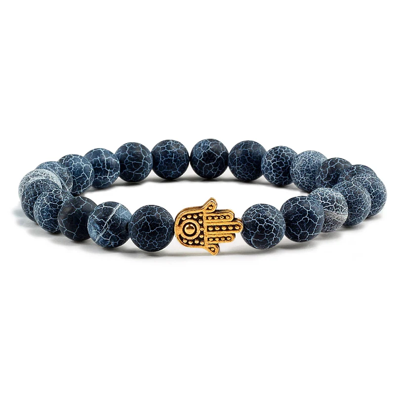 Hot Sale Alloy Hand Black Lava Beads Bracelet Natural Stone Volcanic Prayer Charm Bracelets Women Men Jewelry Femme Homme Gifts - Окраска металла: Weathering Gold