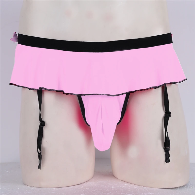 Men Sissy Lingerie Bikini Underwear Ruffle Gay Bulge Pouch Panties with Clips Garter Mens Open Butt Thong Jockstrap |