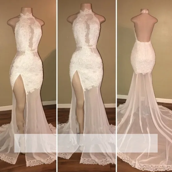 

White Prom Dresses Mermaid Halter Appliques Lace Slit Sexy Party Maxys Long Prom Gown Evening Dresses Robe De Soiree