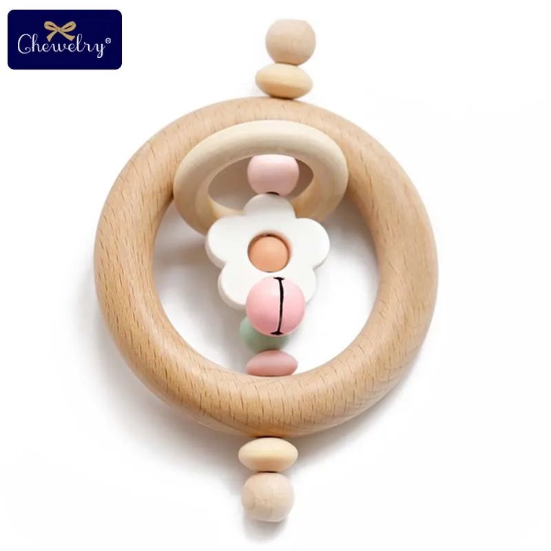Flower Rattle 1 шт., детская погремушка, деревянные кольца, Пищевая силиконовая игрушка для прорезывания зубов, игрушечная коляска Монтессори, деревянный грызун, детские товары, игрушка - Цвет: Flower Rattle