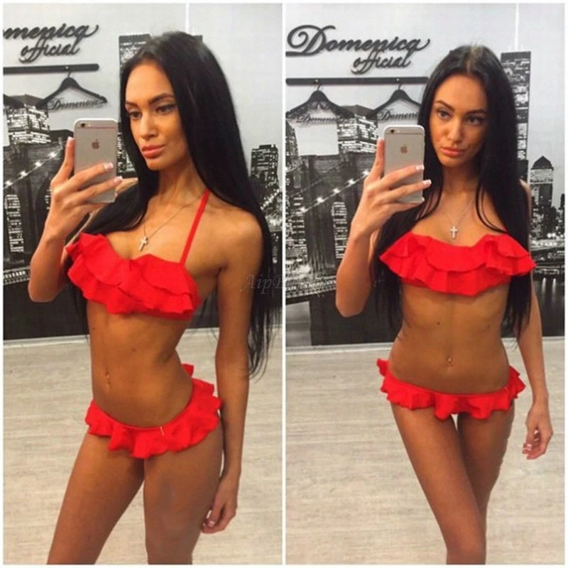 Red Aipbunny Сексуальный Топ бандо и рюшами комплект бикини оборки Maillot De Bain Femme ванный комплект купальники Для женщин купальник Mayo бикини - Цвет: Red