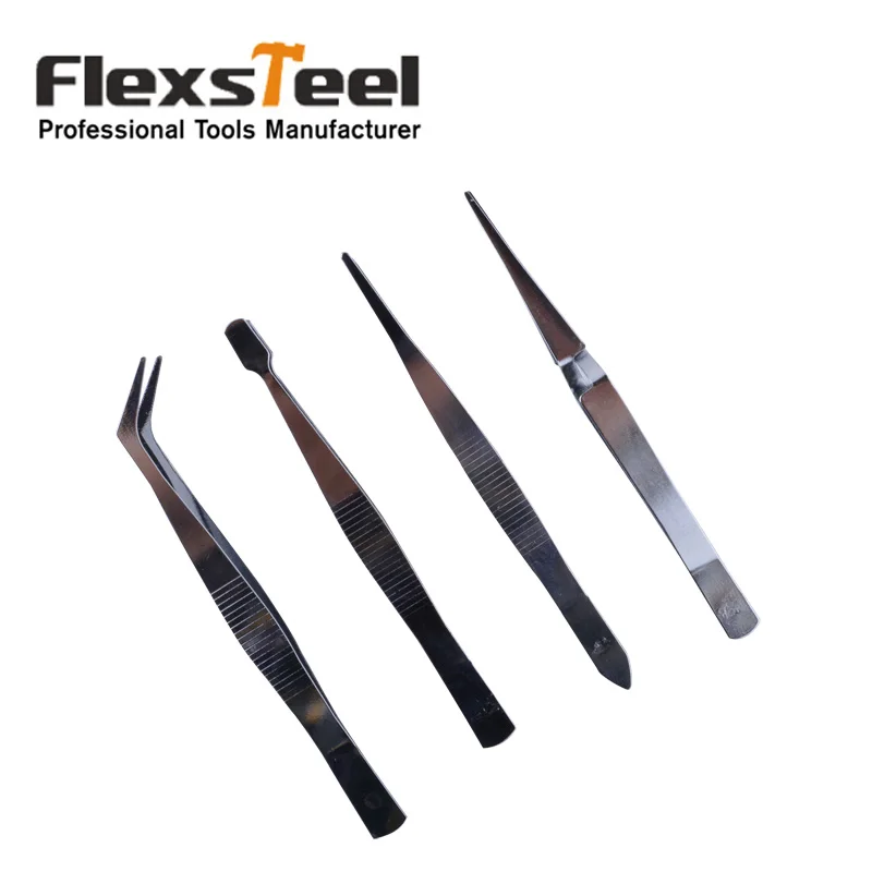 Экономичный и качественный набор из 4 пинцетов с прямыми изогнутыми