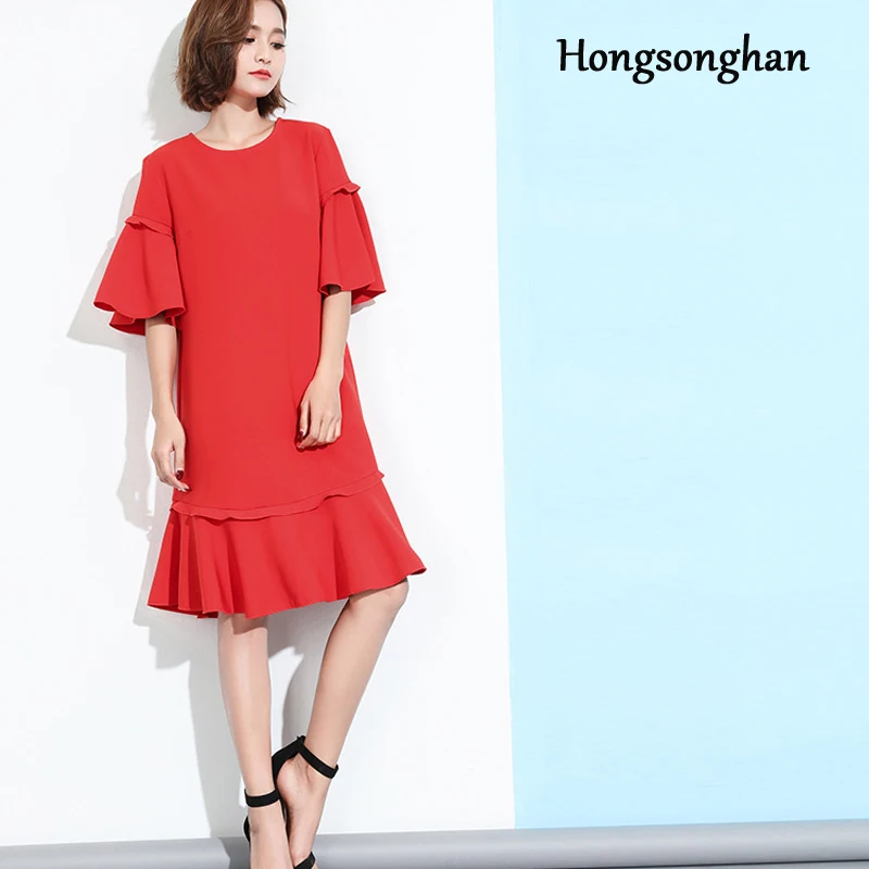 Hongsonghan/летнее лоскутное платье с расклешенными рукавами однотонное оборками и