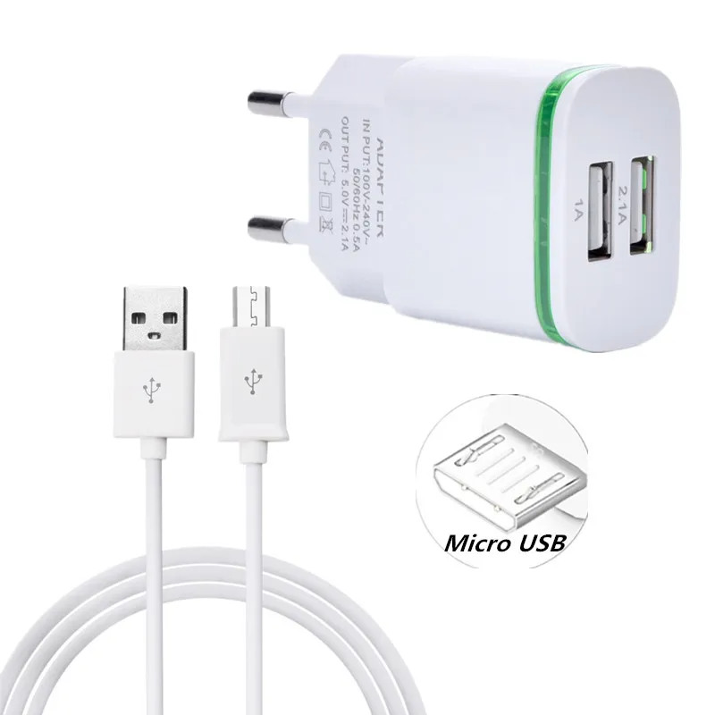 EU Wall usb зарядное устройство + 1 м Micro USB кабель для Huawei P7 P8 Lite mini Honor 8X 7A 8C ZTE Blade 3x3 L3 S6 V7