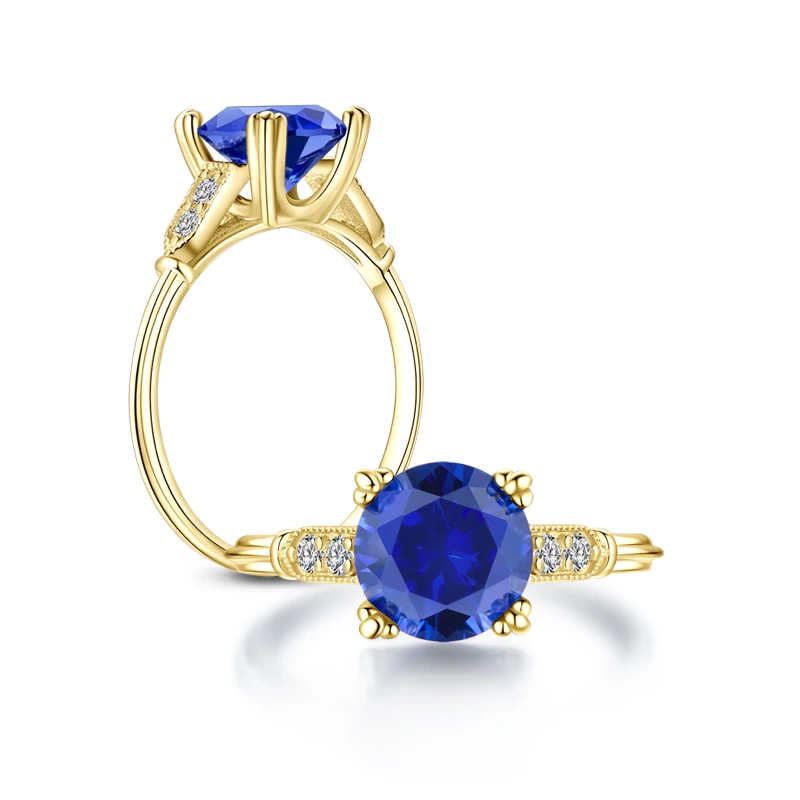Yellow Gold Color AINOUSHI кольца из стерлингового серебра 925 женские обручальные кольца 2ct круглые синие камни серебряные ювелирные изделия создан драгоценный камень Танзанит кольца - Цвет камня: Yellow Gold Color