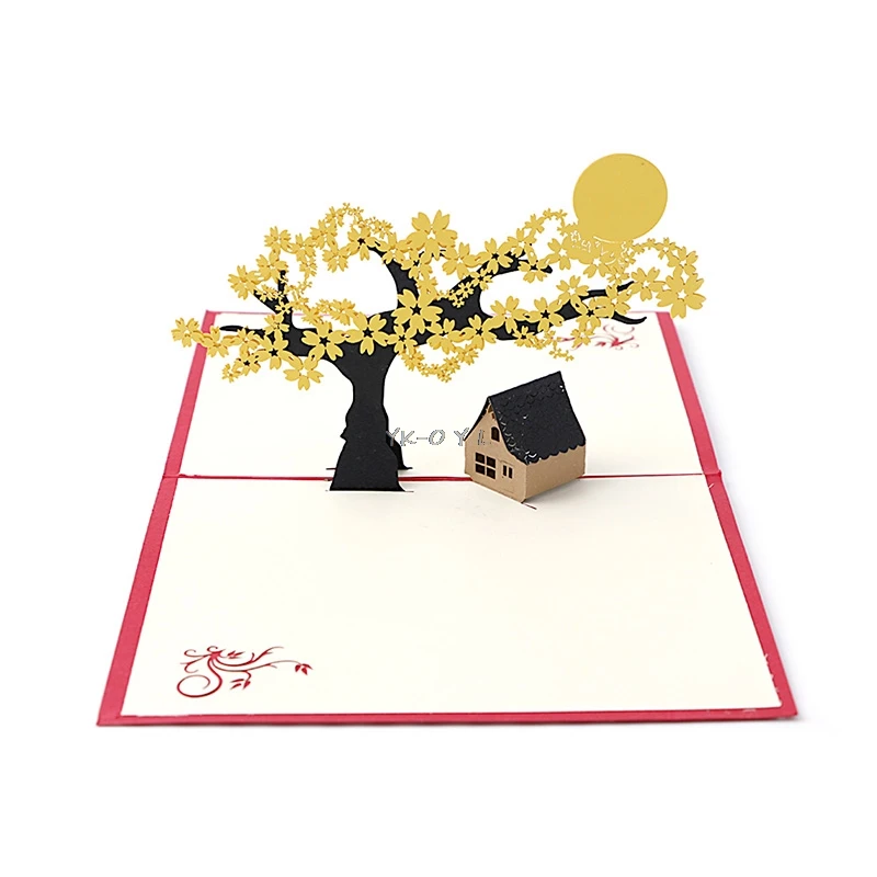 

3D Pop UP Holiday Greeting Cards Cherry Tree House Christmas Thanksgiving Gift