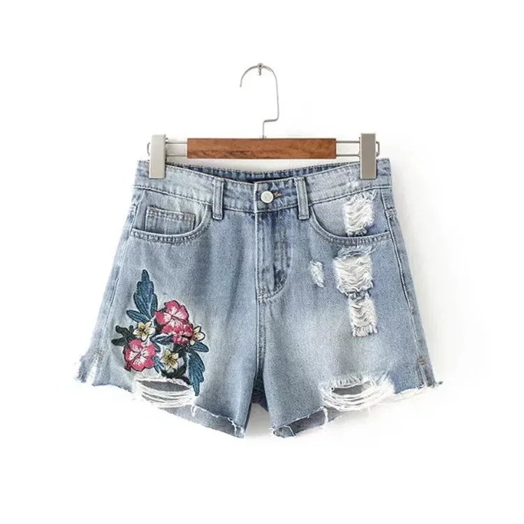 Модные вышитые цветы на джинсовой ткани шорты женские летние новые ковбойские с