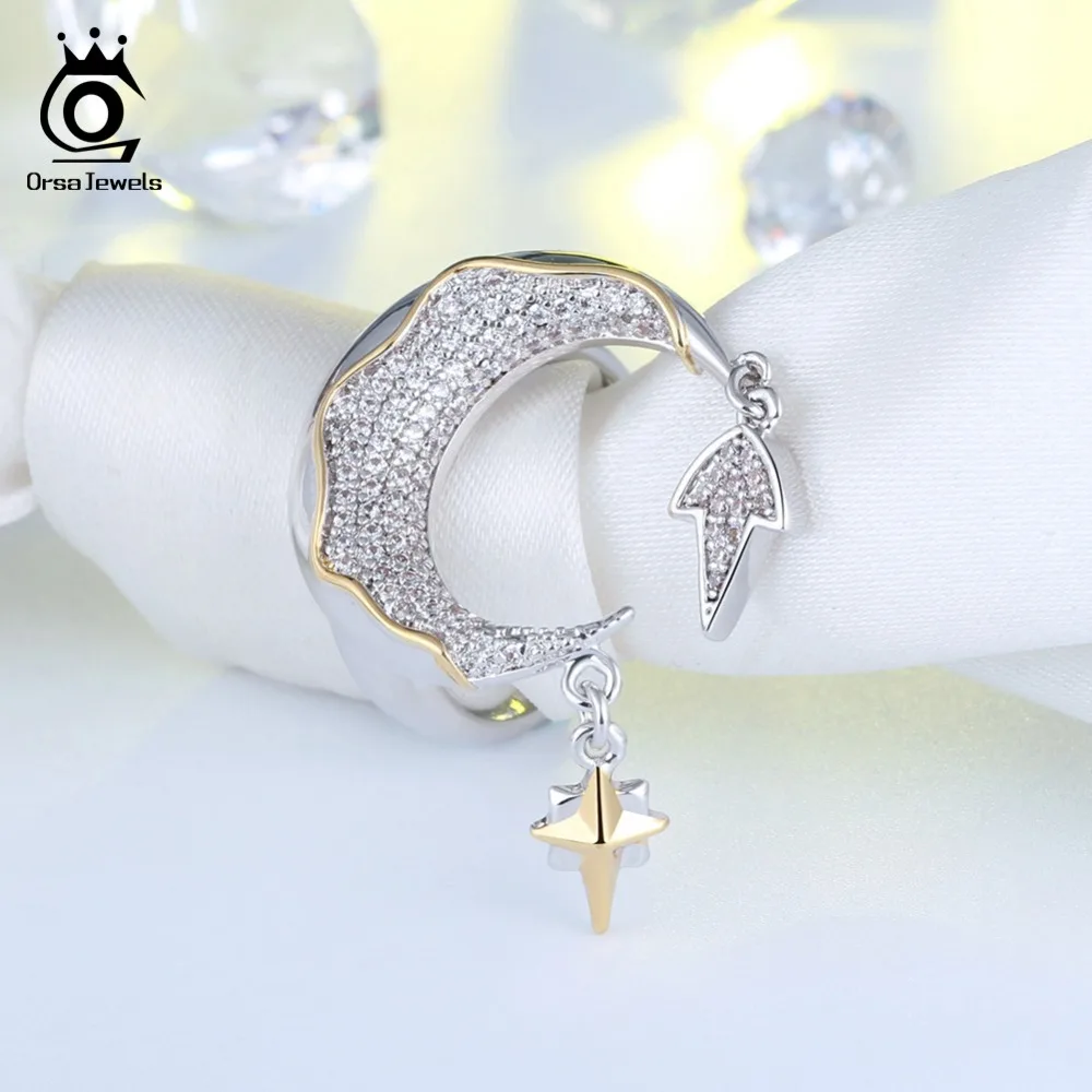 ORSA JEWELS женские кольца на палец серебряного цвета с золотым цветом 23 мм Луна и Висячие метеоритные блестящие CZ регулируемые женские ювелирные изделия OR185