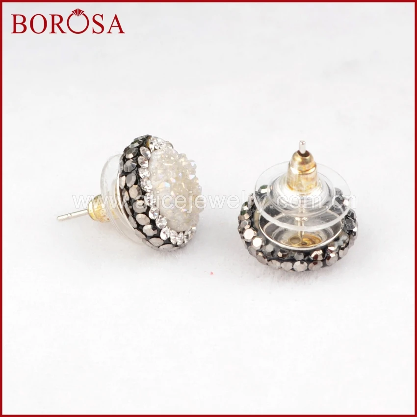 Круглые серьги гвоздики BOROSA из натурального агата Drusy титана AB Druzy с выложенным