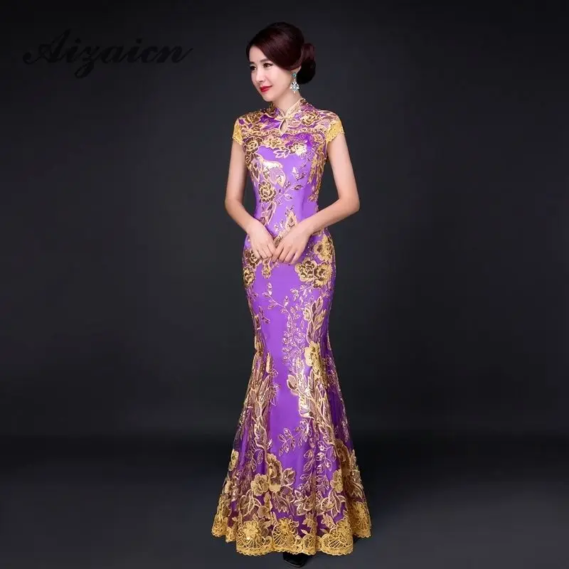 Cheongsam de encaje de cola de pez, bordado de hilo dorado, lentejuelas, Qipao largo, vestido chino tradicional, vestido de Chinoise Evenig YQP