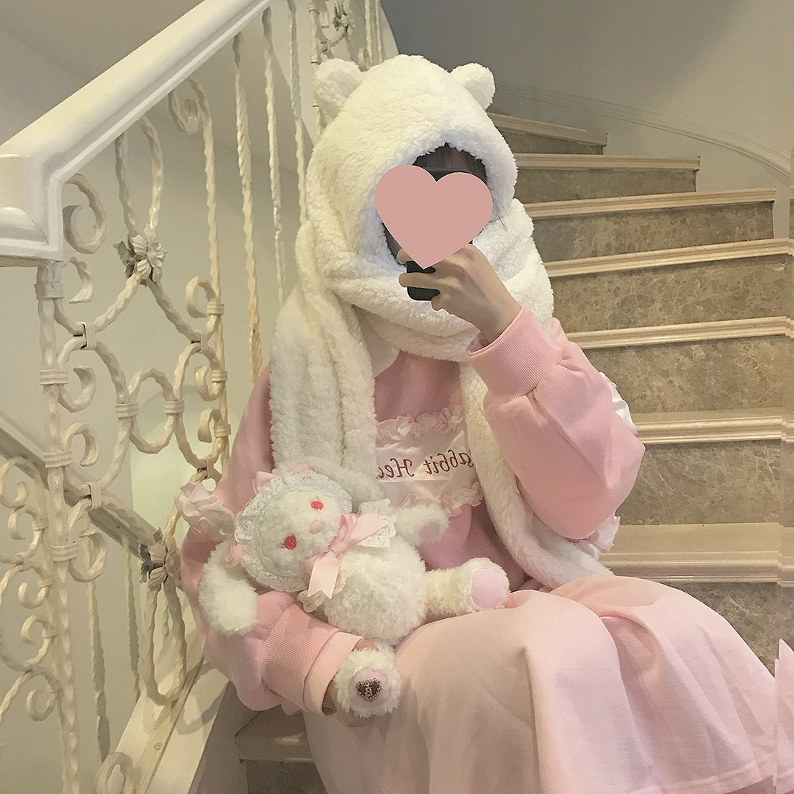 Японский женский теплый шарф Kawaii Bear зимний мягкий плюшевый с капюшоном шапка