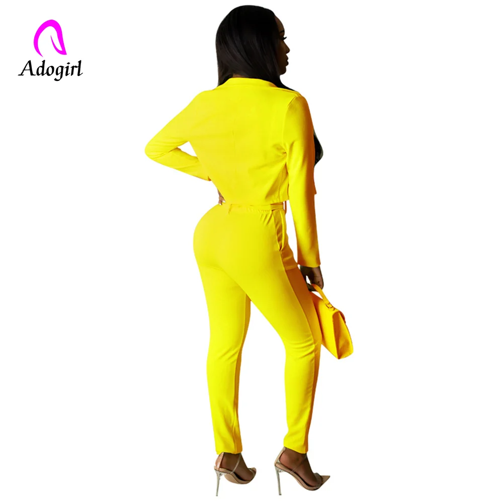 Adogirl неоновый Блейзер Женский костюм для отдыха Модный комплект из двух предметов официальный Женский блейзер с длинными рукавами укороченный топ+ брюки-карандаш с поясом