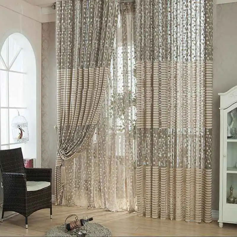 Занавеска в полоску тюль узор виде листика дерева прозрачная вуаль для гостиной