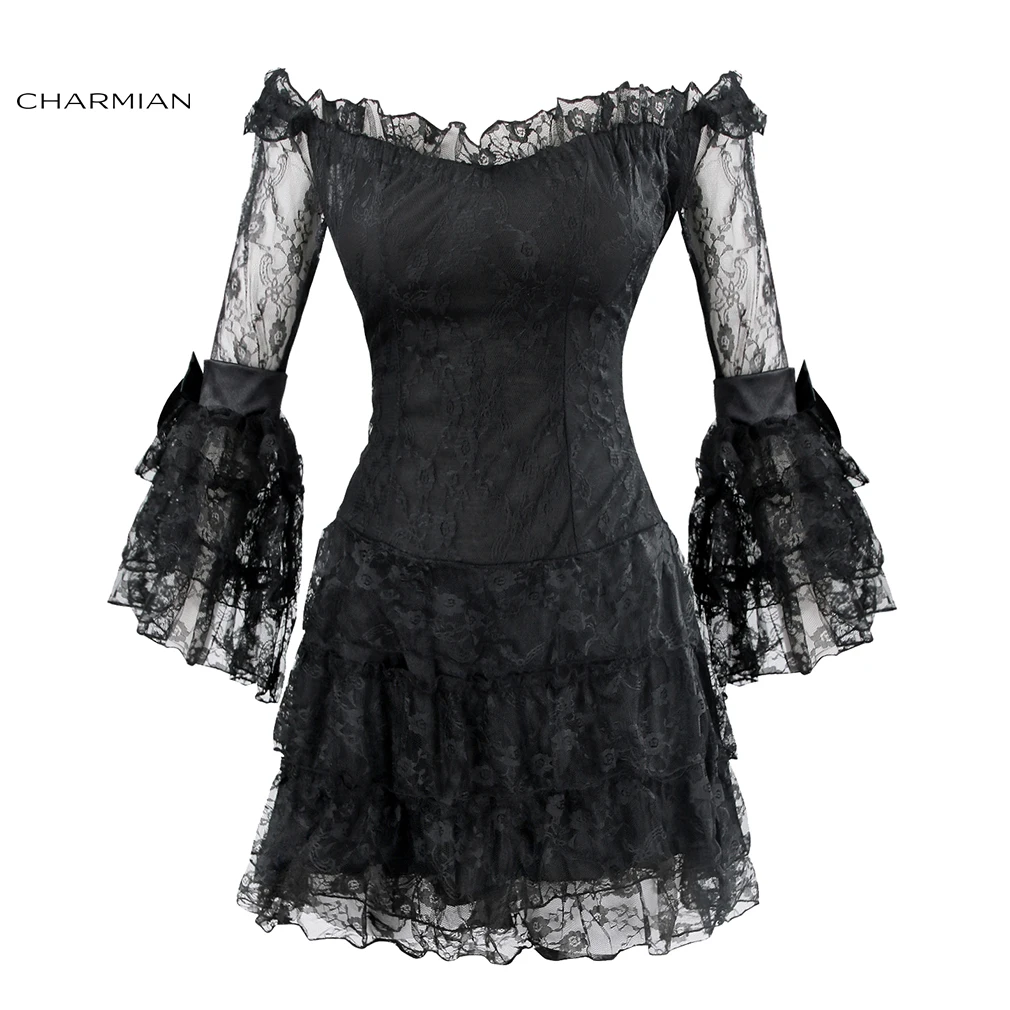 Black Charmian женское Сексуальное цветочное кружевное мини-платье с открытыми плечами черное с рукавом три четверти с расклешенными рукавами готическое платье в стиле панк Vestidos - Цвет: Black