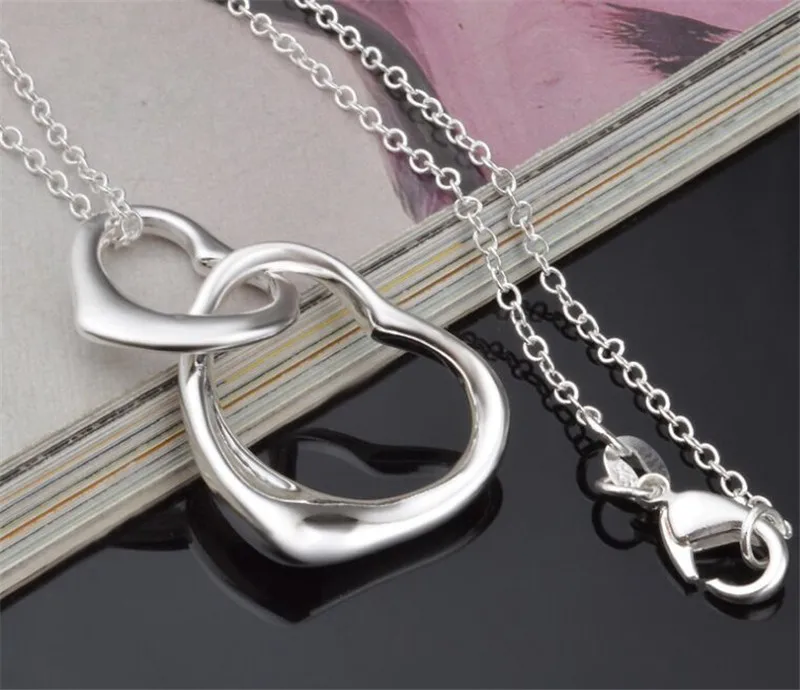 925 серебряные ожерелья для женщин с двойными сердцами ожерелье Femme Collier