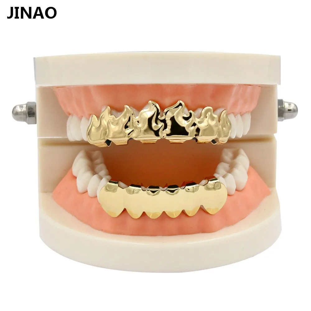 JINAO, новинка, на заказ, подходят, чистый цвет, позолота, вампир, огненные зубы, грили, пламя, рот, гриля, шапки, верх и низ, хип-хоп гриль, набор, вечерние