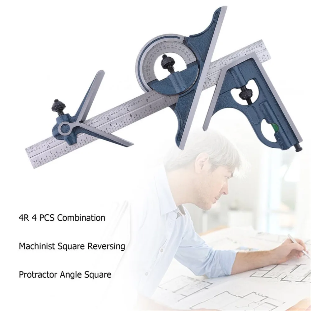 4R 4 PCS Machinist Square Reversing Protractor Angle Marked 1/32" 1/64" 1/8" 1/16" Multifunctional Combination |