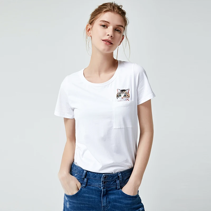 YOYOCATHY White Short Sleeved T-shirt Women 100% Cotton Loose Bottom Coat Kitten Embroidery With Mercerized Chemise Femme | Женская