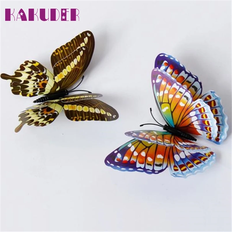 Kakuder vinilos decorativos para 12 шт 3D наклейки на стену двухслойные светящиеся бабочки