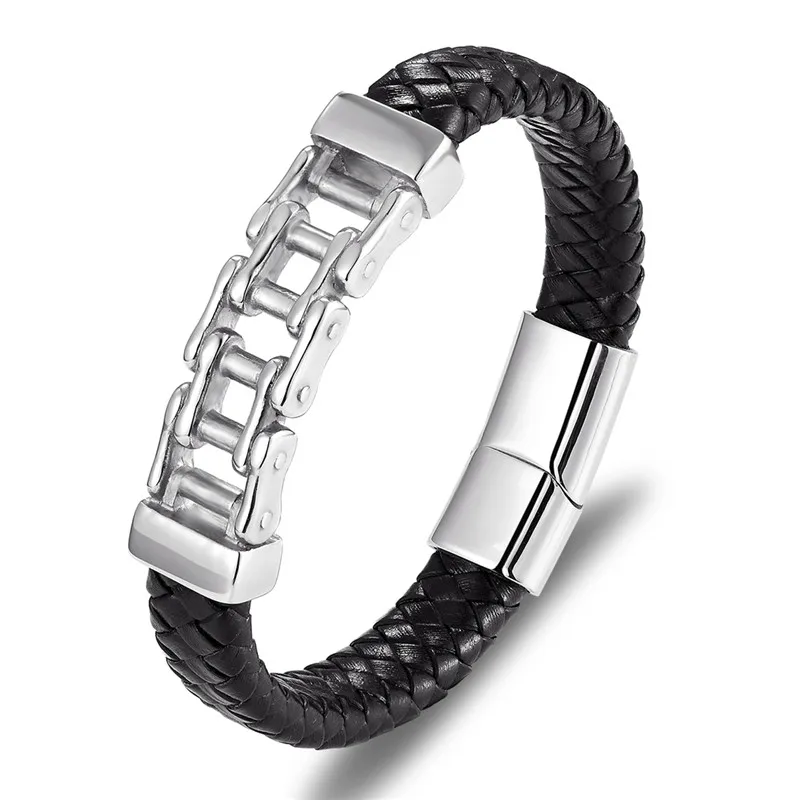 Hip Hop Bike Chain Charm Bracelets For Men Stainless Steel Gold Bicycle Genuine Leather Bracelet homme Rock Jewelry Gifts | Украшения и