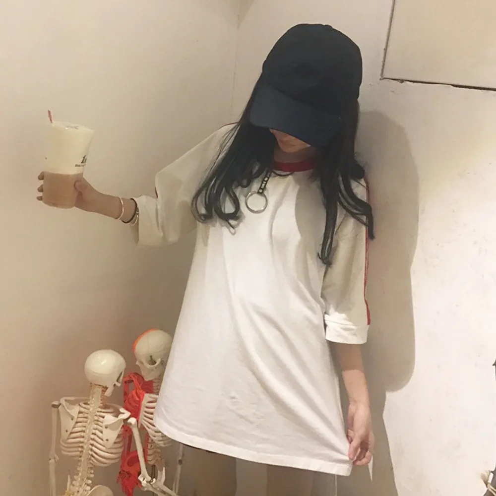 Корейский ulzzang женские длинные футболки японский Harajuku Мода ретро сплит женская футболка Готический полосатый короткий рукав футболки