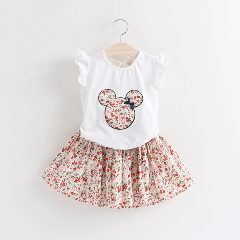 

Girls suit summer 2019 new medium and small children cartoon floral flying sleeves shirt plus skirt two-piece