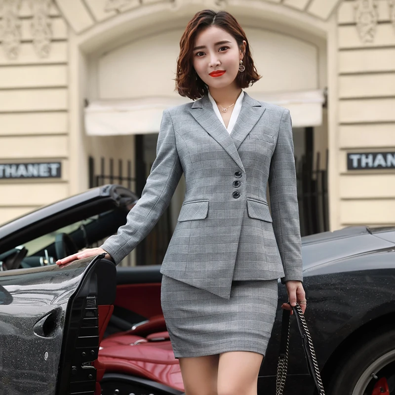 Grey Skirt Suit Классический формальный костюм менеджера в полоску для интервью, деловой рабочий сексуальный тонкий офисный Женский Осенний блейзер+ брюки или юбка - Цвет: Grey Skirt Suit