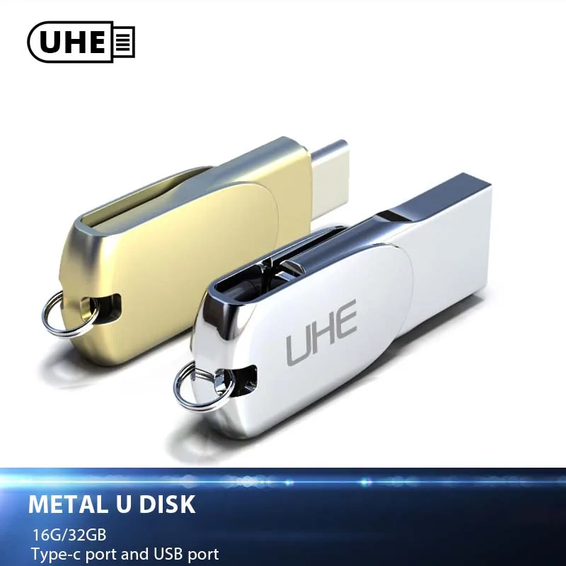 Uhe 2-в-1 Тип-C USB 2.0 Flash Drive Мини накопитель 16 ГБ 32 metail Memory Stick Тип c флешки и диск для