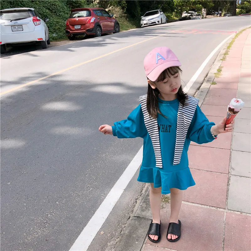 Весеннее хлопковое темно-синее универсальное платье в Корейском стиле с