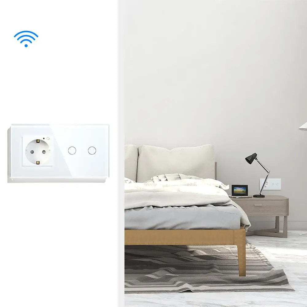 BSEED 16A Wifi сенсорный выключатель 2 банды 1 способ ЕС Стандартный ЕС розетка с 3 цвета Кристалл Стекло Панель Умный переключатель