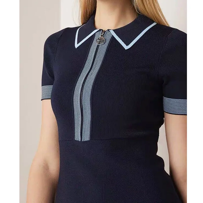 Summer 2019 New knitting Polo Shirt office Professional Wear Slim thin Zipper lapels Top summer dark Blue Wome | Женская одежда