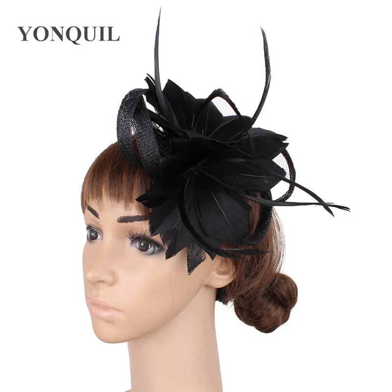 

vintage Black Feather Flower Sinamay Fascinator Headwear Colorful Mesh Race Show Hair Accessories Millinery Cocktail Hats MYQ068