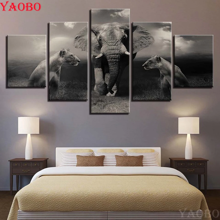 

Full Square/Round Diamond Paintings Wall Art Home Decor 5 Pieces "Elephant Lions Duel" diamond embroidery For Living Room decor