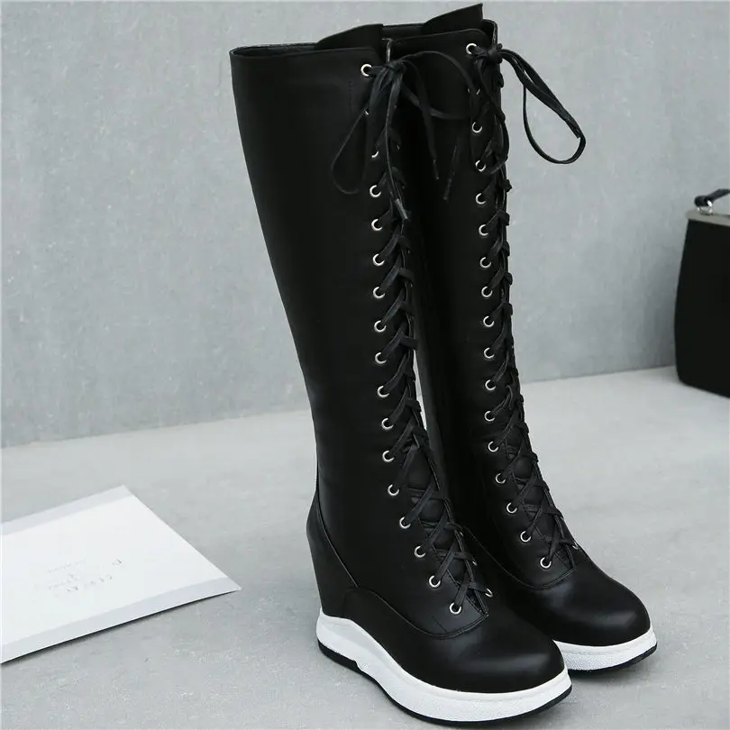 Thigh High Boots Women Genuine Leather Lace Up Knee High Booties Wedges High Heel Tall Shaft Punk Sneakers Winter Punk Creepers
