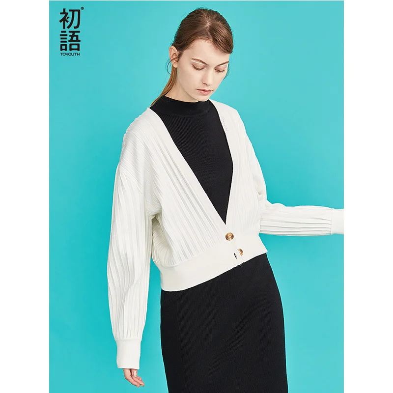 Toyouth New Solid V neck Autumn Short Cardigan Women Oversized Sweater Lantern Sleeve Cardigans Female Elegent Striped Tops| |
