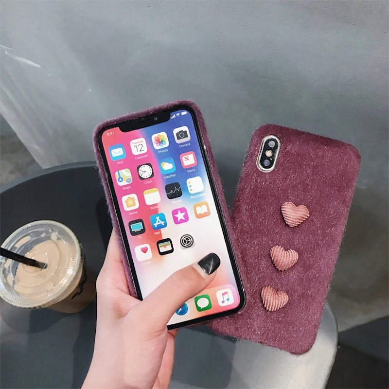 Милый модный фиолетовый пушистый чехол для iPhone xs max xr x мягкий с сердцем 7plus 7 8 plus 6s 6