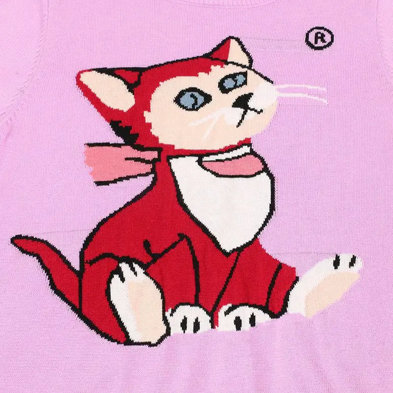 JOYDU 2018 New Autumn Jumper Cute Cat Cartoon Pattern Long Sleeve Knitted Sweater Women Purple Sweet Runway Harajuku Top | Женская