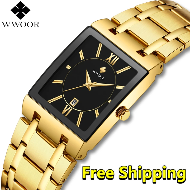 Часы мужские Кварцевые водонепроницаемые золотистые квадратные в деловом