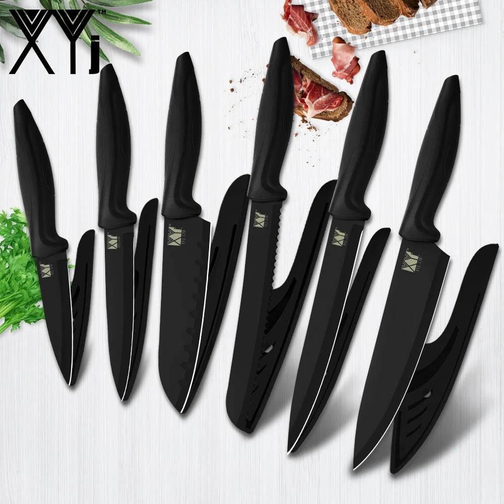 XYj Нержавеющая сталь Кухня ножи Набор сплошной черныый Пластик ручка Кухня Ножи набор для мяса, офощей, фруктов рыбы Кухня инструменты