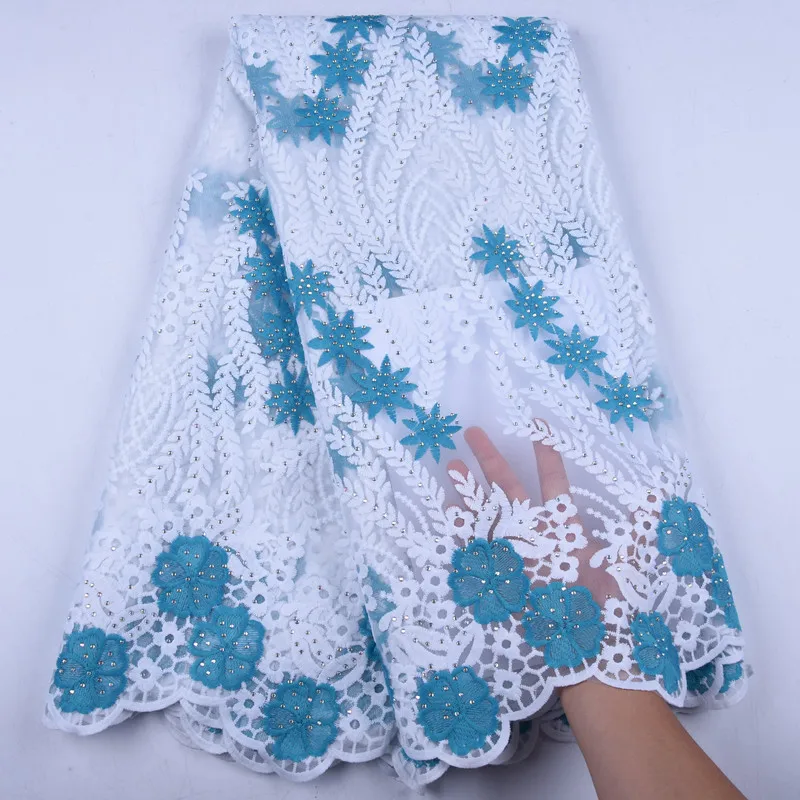 Высокое качество небесно-голубое Африканское молочного цвета Шелковое кружево
