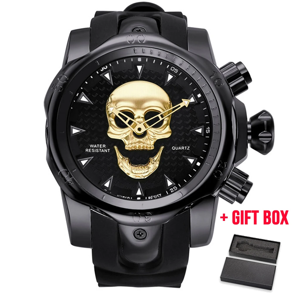 black gold with box Для мужчин череп кварцевые мужские часы с изображением скелета частные часы большие военные мужские часы Водонепроницаемый наручные часы Relogio Masculino для подарка - Цвет: black gold with box