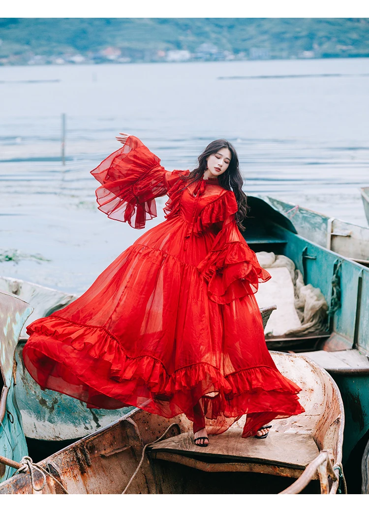 Женское платье макси SHTONGHUA длинное пляжное из шифона с рукавами фонариками на