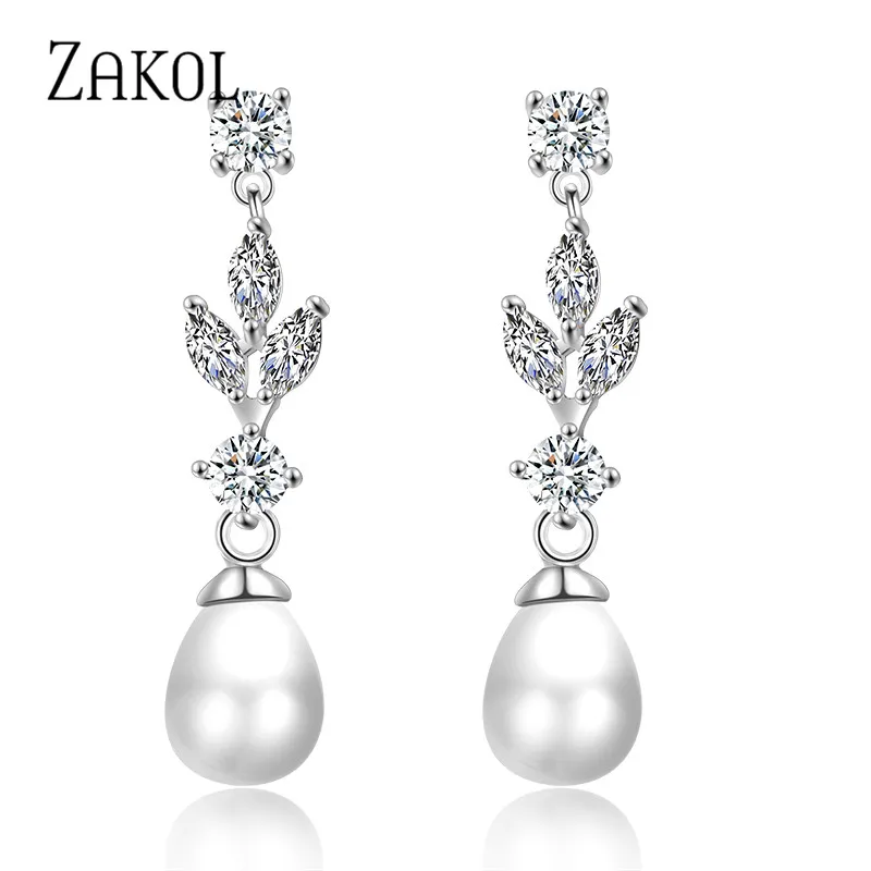 ZAKOL модные висячие серьги Marquise с кубическим цирконием для женщин, имитация жемчуга, свадебные украшения, заводская цена, FSEP2179