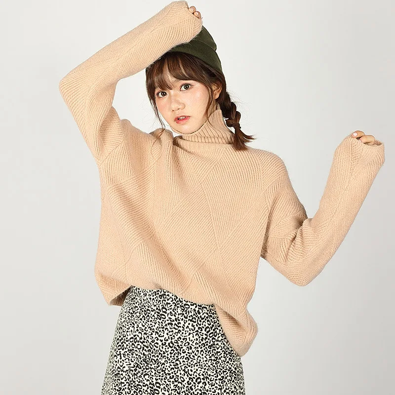 New Style Turtleneck Pullover Sweater Women 2019 Winter Loose Solid Color Long Sleeve Striped Diamond pattern sweater | Женская одежда